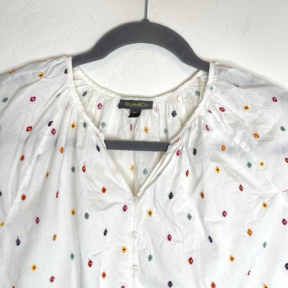 Style & Co Womens Plus Boho Peasant Top XXL White Floral Embroidered - Picture 2 of 6